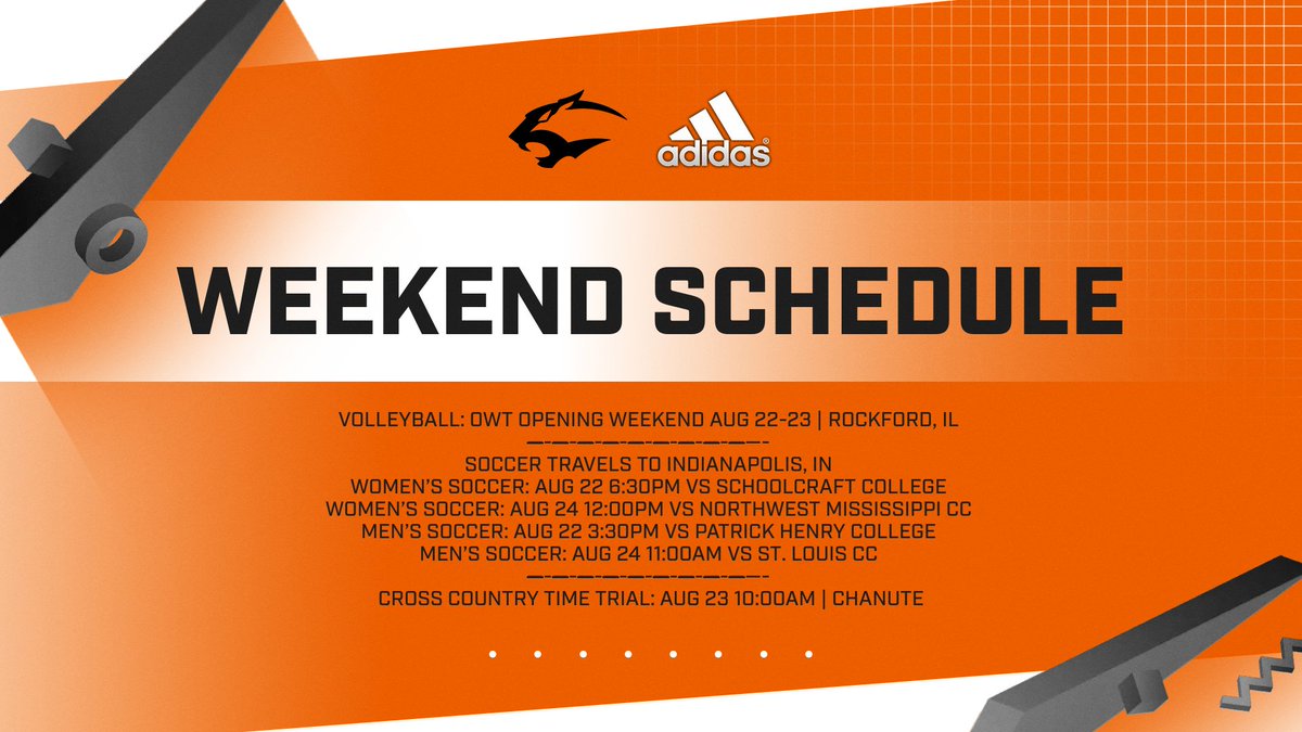 GoNeosho's tweet photo. 🚨 Panther fans, it’s a packed weekend! 🏐⚽️🏃‍♂️ Volleyball, Soccer, and Cross Country are all in action. Let’s go Neosho! 🐾🖤🧡 #GoNeosho #PantherPride #NeoshoNation #CollegeSports https://t.co/8a20ENfAUI