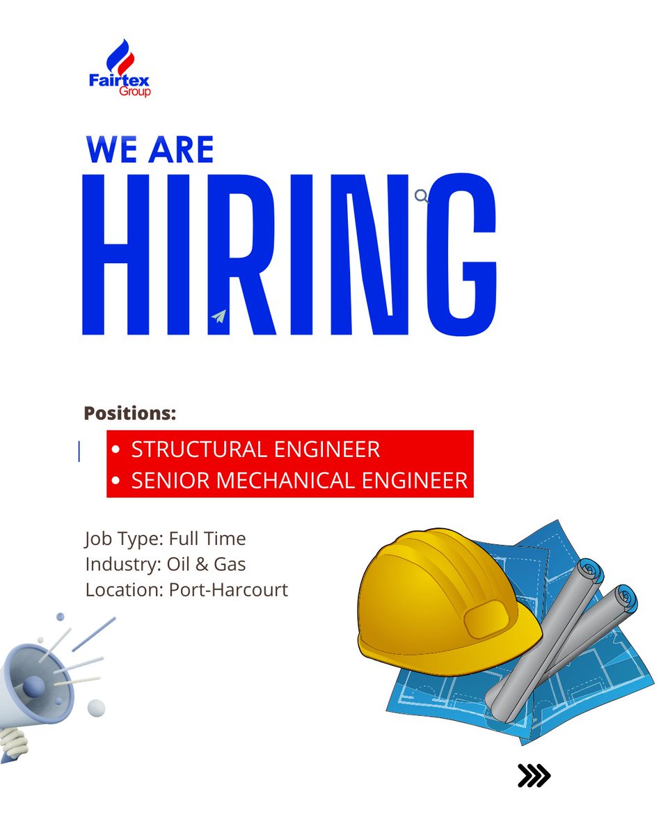 Fairtex_ltd's tweet photo. We're Hiring:
🔹 Senior Mechanical Engineer
🔹 Senior Structural Engineer
Kindly check the flyer for details
Application Deadline: 24th August 2025.
#FairtexGroup #WeAreHiring #OilAndGasCareers #EngineeringJobs #MechanicalEngineering #StructuralEngineering https://t.co/73uB4ZycGh