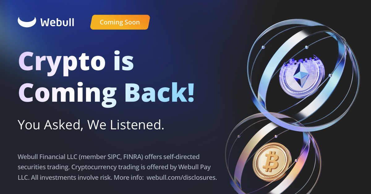 Explore crypto on your terms. Soon, you’ll be able to trade crypto commission-free, with as little as $1. All in the same app you use for stocks, options, ETFs, and more.

Crypto, coming soon.

#Webull #Crypto #Finance #Investing #Trading #ComingSoon

Webull Financial LLC (member