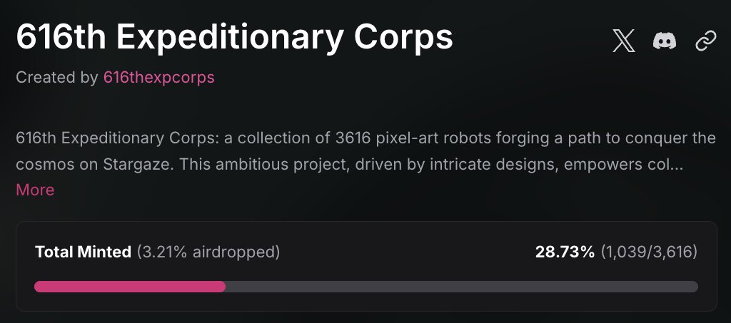 616th Expeditionary Corps (@616expcorps) on Twitter photo 30% is almost here, let’s do this! "Starry Sky" is coming soon!⚙️
Mint:stargaze.zone/l/616thxpediti…
<a href="/StargazeZone/">Stargaze ✨🔭</a> 30% is almost here, let’s do this! "Starry Sky" is coming soon!⚙️
Mint:stargaze.zone/l/616thxpediti…
<a href="/StargazeZone/">Stargaze ✨🔭</a>