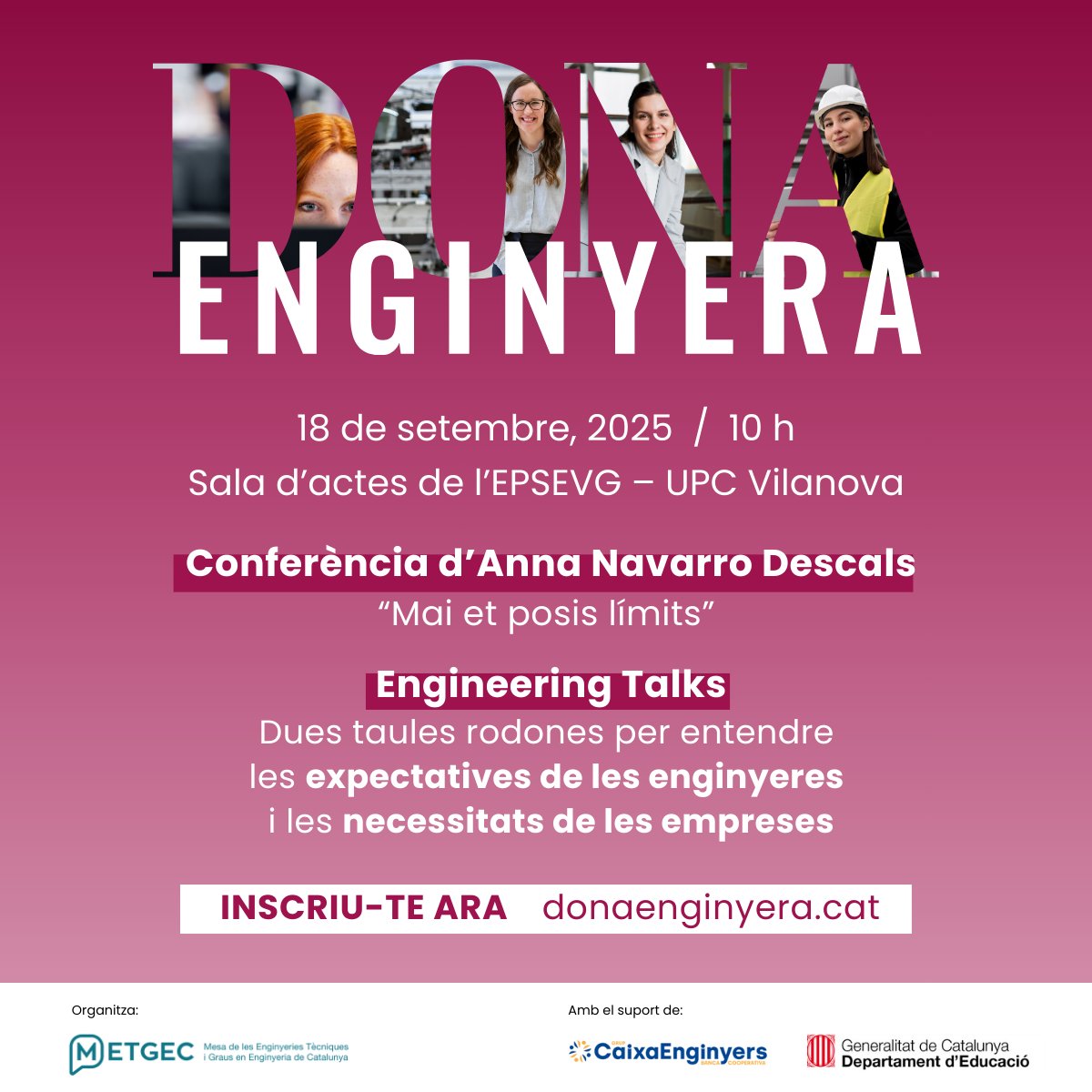 🚀 Compte enrere per #DonaEnginyera! 

Una jornada per donar visibilitat, reconeixement i inspiració a les dones en l’àmbit de l’enginyeria.

Vine a conèixer testimonis i projectes que impulsen el talent femení en la tecnologia i la innovació. 

👉 donaenginyera.cat