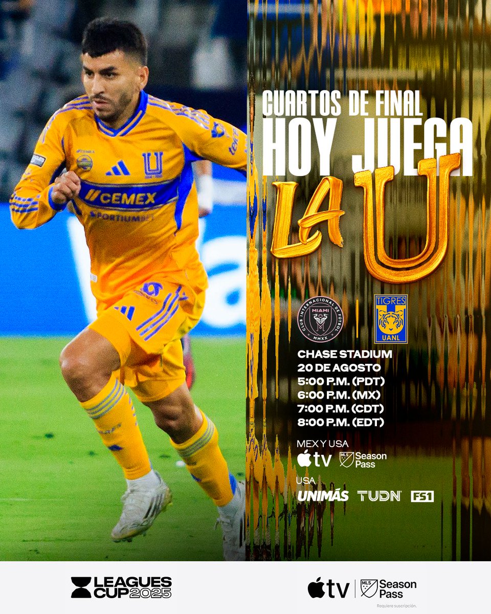 🗣️ ¡Hoy hay futbol, hoy juega La U en Miami! 🔥⚽️ ¡Esta noche vamos juntos, con fuerza, garra y corazón hasta conseguirlo! 👊🏼🇺🇦

¡Siempre contigo, Tigres querido! 💛

¡Síguelo a través de Apple TV!
📺 apple.co/3JiJfiZ