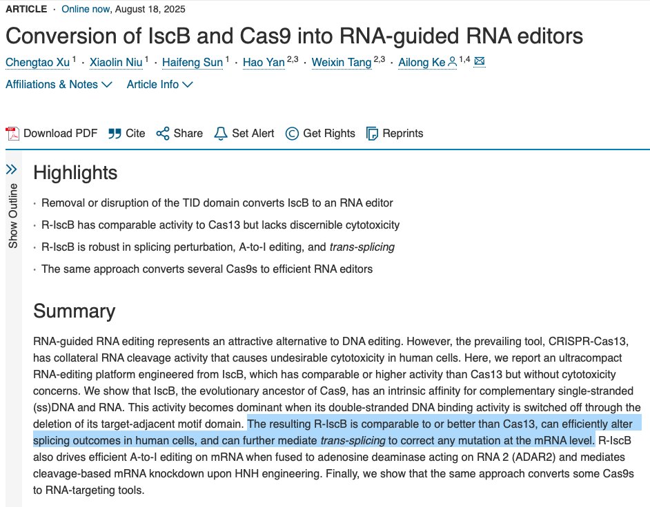 A new paper in Cell shows that it is possible (simple, really) to convert DNA-editing CRISPR proteins, such as Cas9, into RNA editors.

All you have to do is delete a chunk of them.

Deleting 55 amino acids from a DNA editor called IscB (the ancestor of Cas9) turned it into a