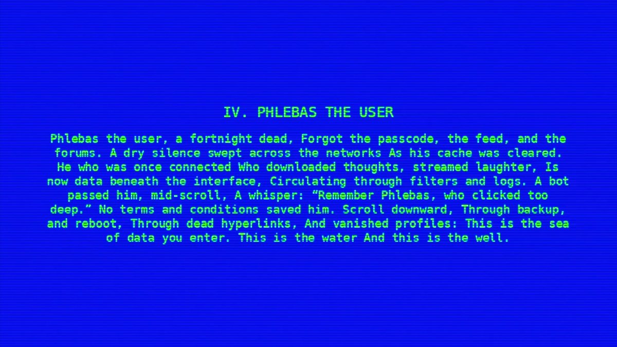The auction of the main piece “waste.land” by <a href="/RJ16848519/">R.J</a>, from his solo exhibition “Waste.Land,” ends tomorrow. Take some time to read the text to better understand this very special work by RJ.

IV. PHLEBAS THE USER

Phlebas the user, a fortnight dead,