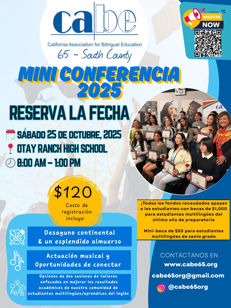 DLELnetwork's tweet photo. CABE65 Mini-Conferencia Recaudación anual de fondos para becas para estudiantes multilingües de bajos ingresos, de primera generación, con destino a la universidad
sábado, 25 de octubre de 2025
Inscríbase: https://t.co/jrijrWbpep
Favor de distribuir este volante. https://t.co/VzSirglfph