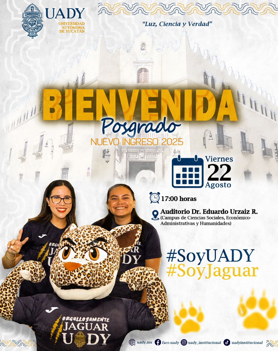 uadyglobal's tweet photo. Hacemos una atenta invitación a la Bienvenida Posgrado 2025.

En el evento se realizará el conversatorio:
“Mas allá de las aulas: Inspiración y Oportunidades en tu Posgrado” con la participación del Dr. Martín Ramón Aluja Schuneman Hofer y el Dr. Jaime Urrutia Fucugauchi. https://t.co/rLNjAMCCtA