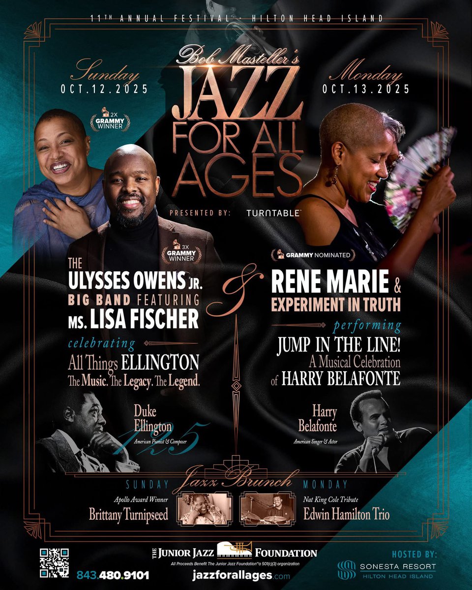 Tickets On Sale Now at jazzforallages.com! 
The 11th Annual Bob Masteller’s JAZZ FOR ALL AGES Music Festival — returning to beautiful Hilton Head Island on October 12 &amp; 13, 2025 at the stunning Sonesta Resort! <a href="/SonestaHHI/">Sonesta Resort Hilton Head Island</a> 
<a href="/ReneMarieSings/">rene marie</a> <a href="/lisafischersing/">Lisa Fischer (official 💎)</a> <a href="/UlyssesOwensJr/">Ulysses Owens Jr.</a>