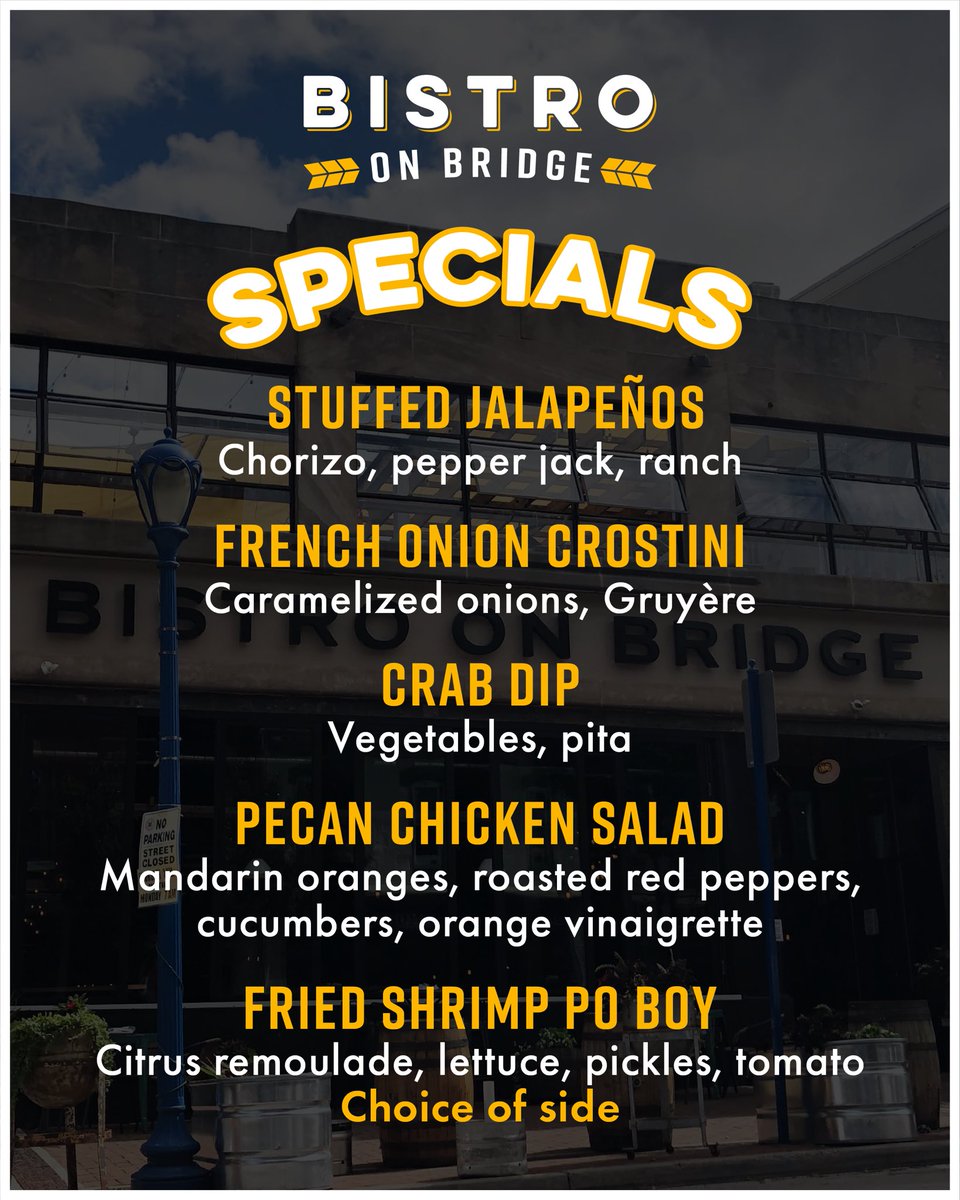 BistroonBridge's tweet photo. 🚨 NEW SPECIALS ALERT 🚨 
Come on by &amp; enjoy some end of Summer flavors before we go into full Fall mode! 

🍤 Fried Shrimp Po Boy
🧅 French Onion Crostini
🌶️ Stuffed Jalapeños
🥗Pecan Chicken Salad
🦀 Crab Dip

Now…What will it be first? 🤔 

#BistroOnBridge https://t.co/L0V2JGUGDM