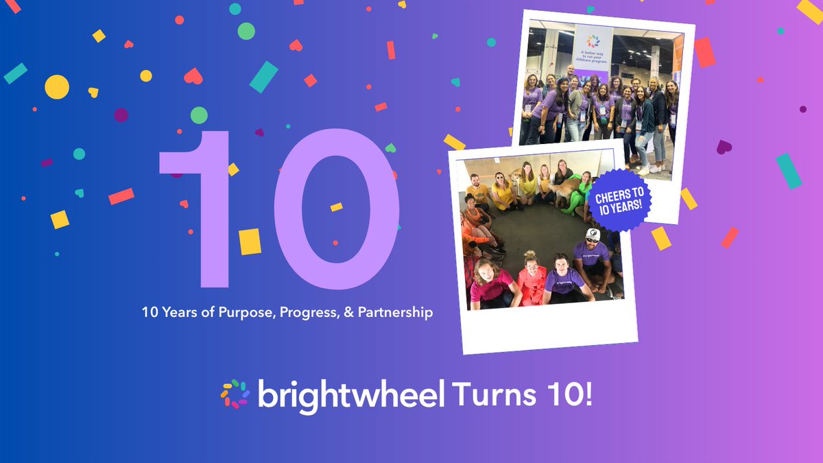 brightwheel's tweet photo. Brightwheel turns 10! 🎉

From day one, we’ve worked alongside educators to create a tool that saves time and simplifies the workday. This back-to-school season, we’re launching new features to help programs everywhere. 💜

 #brightwheelTurns10 #EarlyEducation #childcaresoftware https://t.co/Rde7KJfGEN