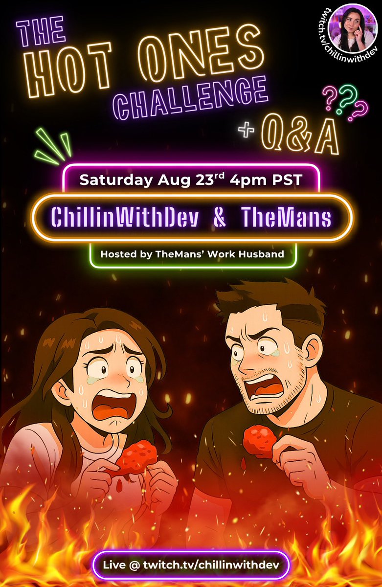 chillinwith_dev's tweet photo. This Saturday, TheMans and I are taking on the infamous Hot Ones Challenge inspired by YouTube’s hottest interview show by @firstwefeast and hosted by TheMan’s work hubby - LIVE ON TWITCH 🔥

We’re going all out! New Scenes. New Alerts. WE even built a SET!!

It’s gonna be a hot stream with even hotter wings and we hope to see YOU there for the show!

https://t.co/XHwEsRSEco