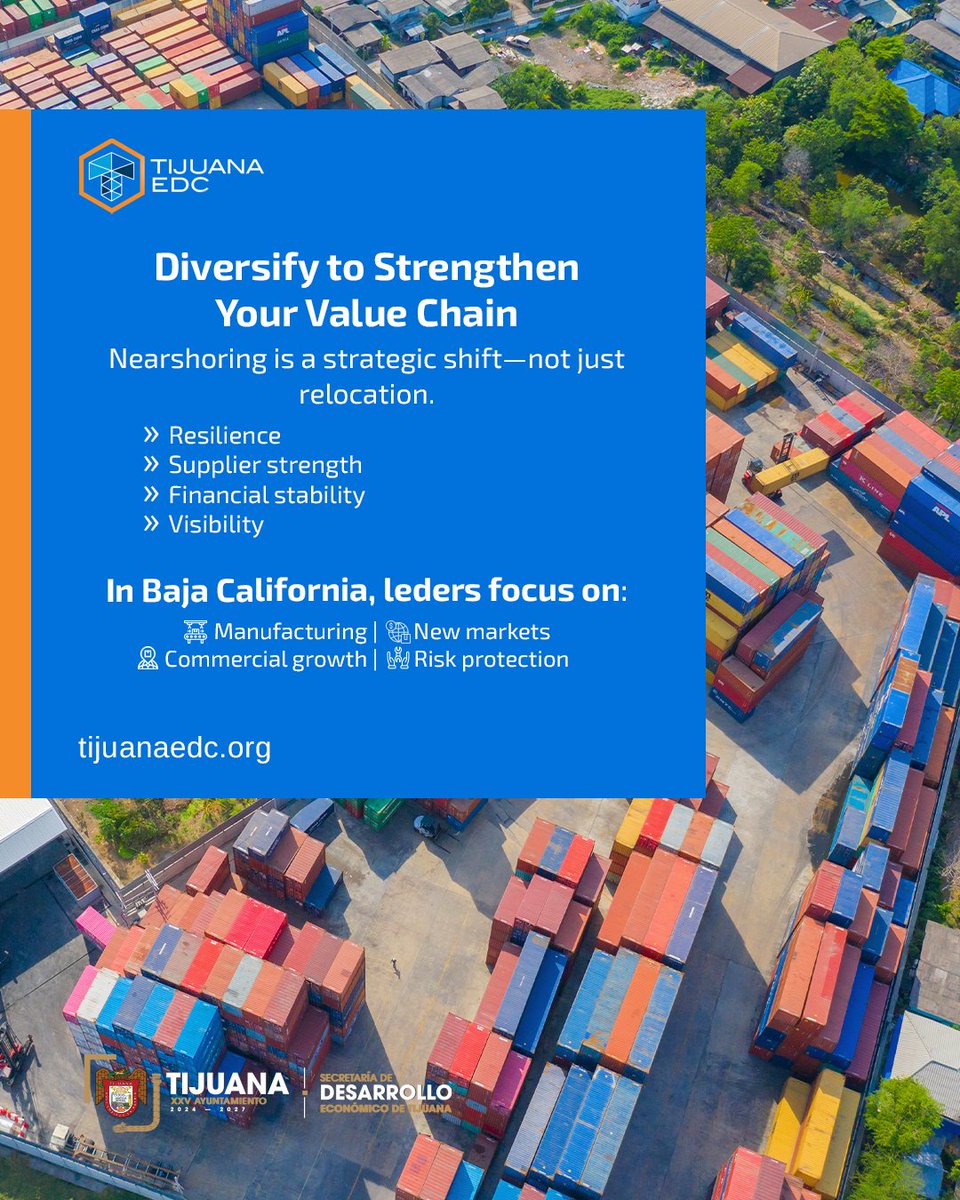 Tijuana EDC (@tijuanaedc) on Twitter photo Diversifying your value chain is no longer optional—it's a competitive imperative. In a nearshoring-driven world, the real advantage lies in strategic alignment, not just cost savings.
📖 tijuanaedc.org/business-strat… 
#Nearshoring #ValueChains #BusinessStrategy Diversifying your value chain is no longer optional—it's a competitive imperative. In a nearshoring-driven world, the real advantage lies in strategic alignment, not just cost savings.
📖 tijuanaedc.org/business-strat… 
#Nearshoring #ValueChains #BusinessStrategy