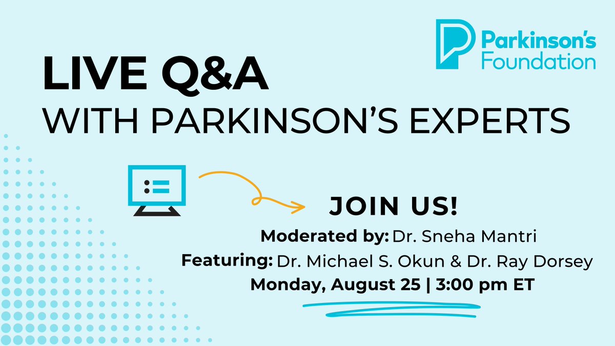 You're invited to a free, live Q&amp;A with Parkinson's disease experts on Monday, August 25, at 3 pm EST. 🖥️ This Q&amp;A will feature <a href="/MichaelOkun/">Michael Okun</a> and <a href="/RayDorseyMD/">Ray Dorsey, MD</a>, co-authors of the new book, The Parkinson’s Plan: A New Path to Prevention and Treatment. 

The discussion will be