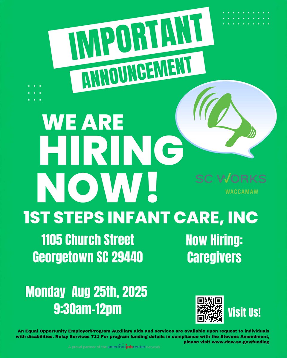 SC Works Waccamaw (@scworkswioa) on Twitter photo Mark your calendar! 1st Steps Infant Care, Inc. hiring event is Aug 25th, 9:30AM–12PM at SC Works Georgetown. Caregiver positions available now! #NowHiring #ChildCareJobs #scworkswaccamaw #scworkswrcog #scworkswioa #scworks Mark your calendar! 1st Steps Infant Care, Inc. hiring event is Aug 25th, 9:30AM–12PM at SC Works Georgetown. Caregiver positions available now! #NowHiring #ChildCareJobs #scworkswaccamaw #scworkswrcog #scworkswioa #scworks
