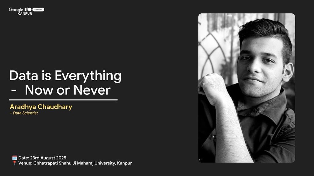 🎤 Speaker Spotlight 🚀

Meet Aradhya Chaudhary, a Data Scientist with expertise in Machine Learning &amp; AI.

He’ll be speaking on:
✨ Data is Everything: Now or Never

#GoogleIOExtended #GDGKanpur #CodeVidya #TechCommunity #KanpurEvents