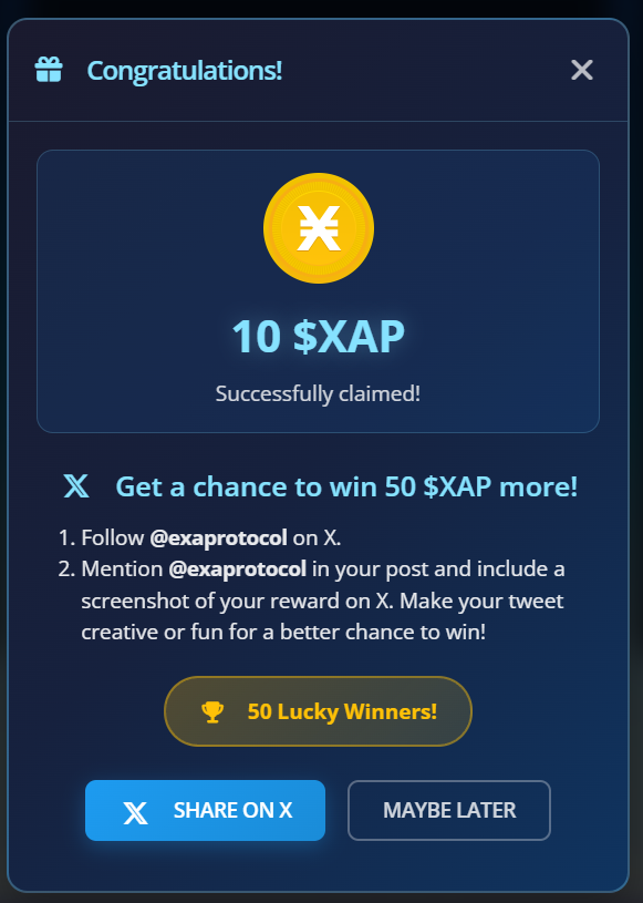 mod_ep's tweet photo. 🎉 Just claimed 10 $XAP tokens from @exaprotocol's airdrop! 🚀 Screenshot attached - hoping to win 50 more $XAP! The future of decentralized computing is here! #XAP #Airdrop #DeFi #ExaProtocol https://t.co/kn6GSjjPyw