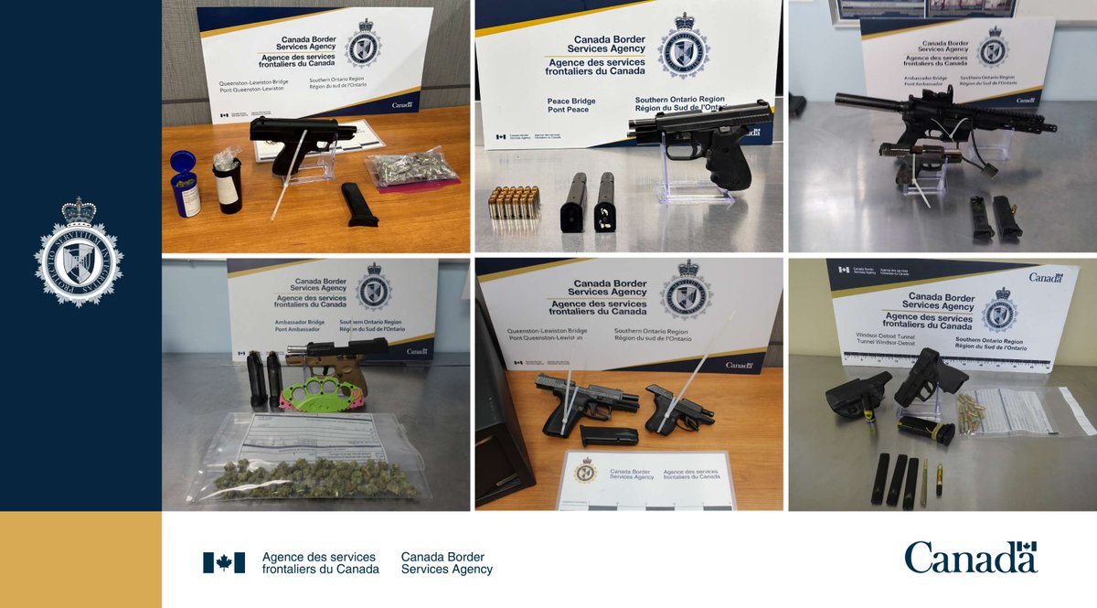 La semaine dernière, les agents de l'#ASFC aux points d'entrée terrestres du #SudDeLOntario ont saisi 13 armes à feu, 12 chargeurs et 153 cartouches appartenant à des résidents américains entrant au Canada. #RevueHebdoArmes