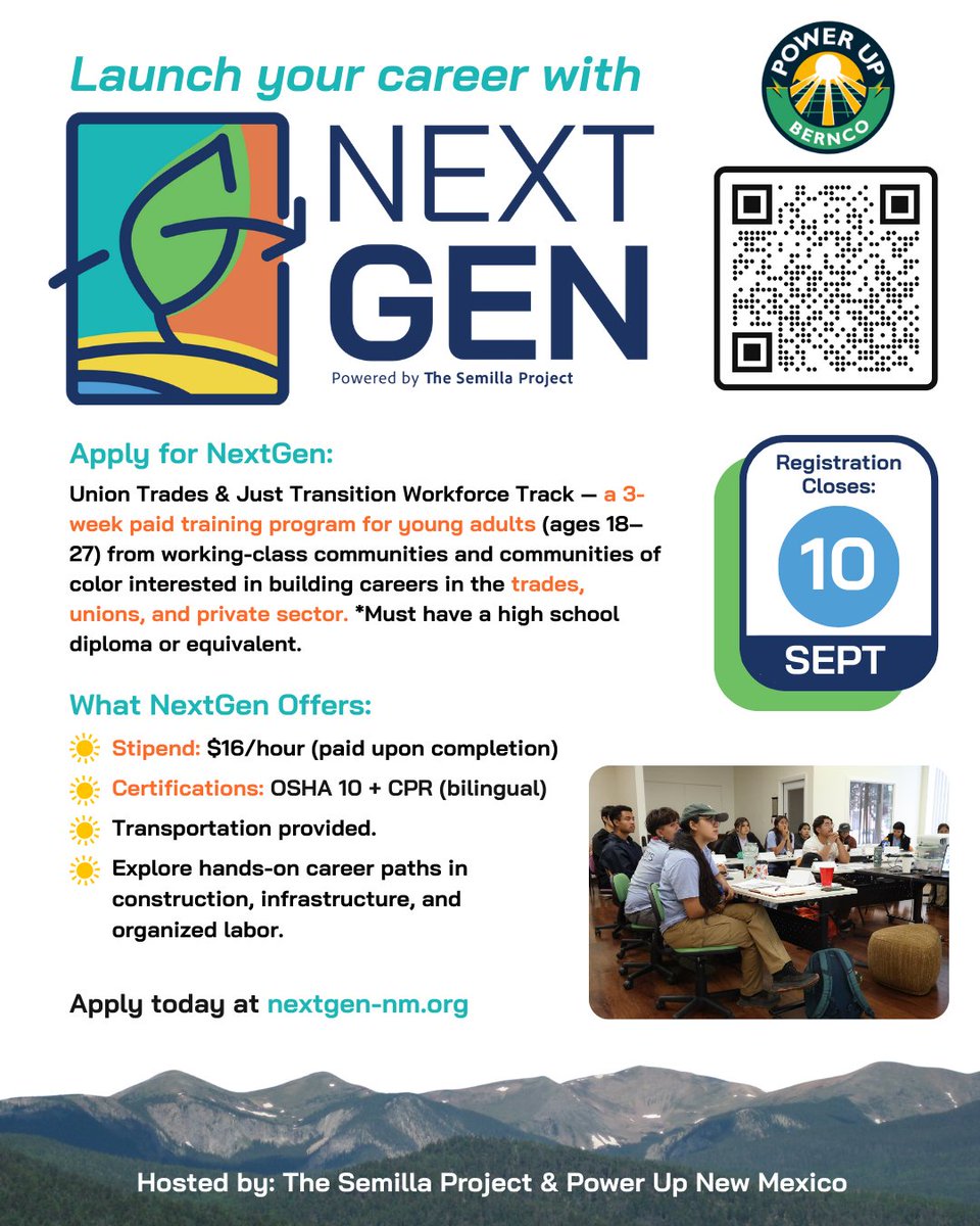 The NextGen: Union Trades &amp; Just Transition Workforce Track is a 3-week paid evening training for young adults from working-class communities &amp; communities of color. Build skills, meet union leaders, &amp; start your career! 

Apply: nextgen-nm.org/application-en/

#nextgen