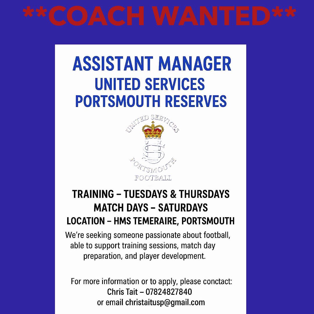 United Services Portsmouth Reserves (@uspres2025) on Twitter photo Ideally looking for 2 coaches
<a href="/usportsmouthfc/">USPFC</a> <a href="/Pompey_Football/">Portsmouth Football</a> Ideally looking for 2 coaches
<a href="/usportsmouthfc/">USPFC</a> <a href="/Pompey_Football/">Portsmouth Football</a>