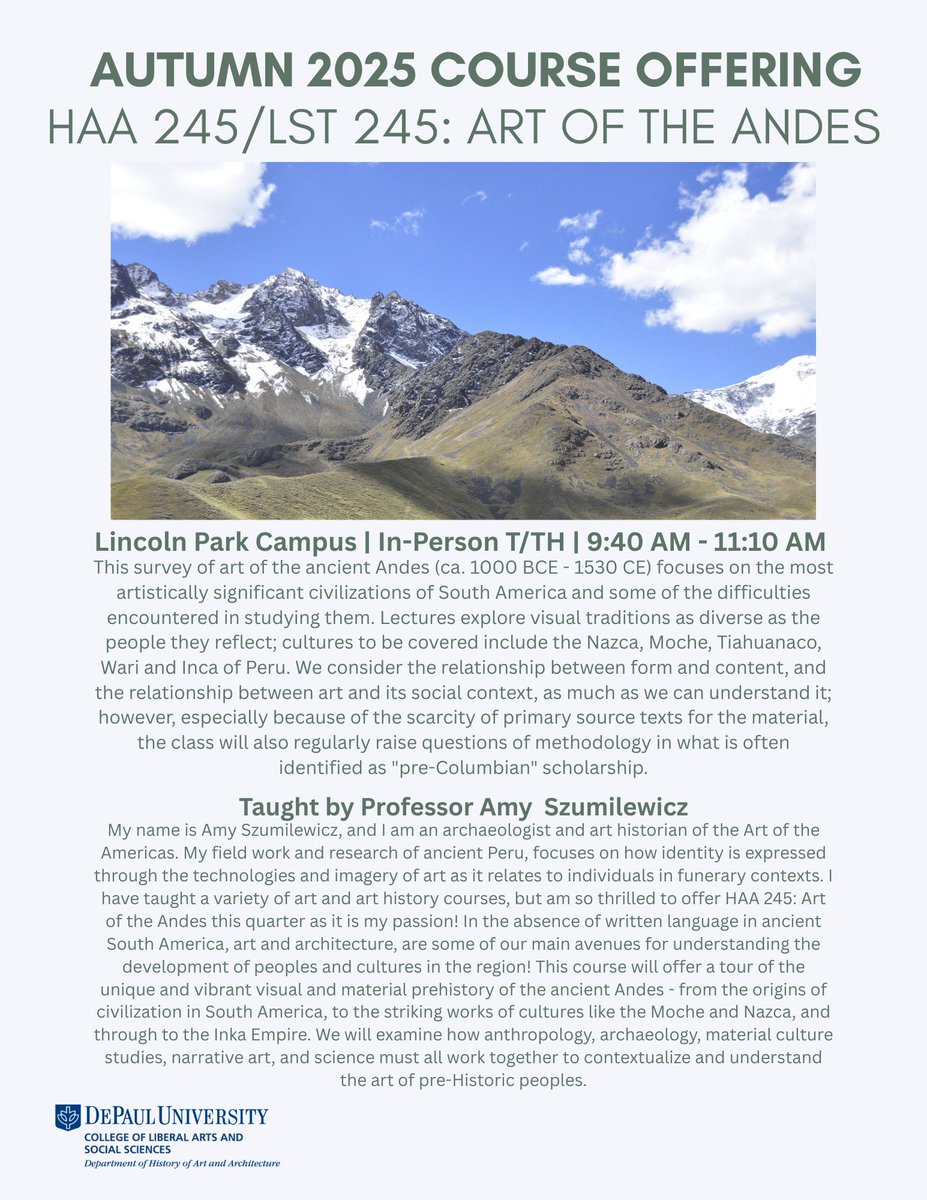 Are you interested in learning about art of the ancient Andes? The HAA department is offering HAA 245/LST245: Art of the Andes this Autumn Quarter!