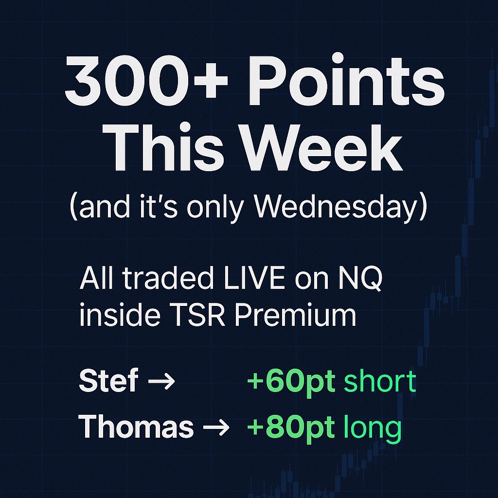 🚨 TSR Premium Live Trades 🚨

📈 Thomas → +80pt long on NQ
📉 Stef → +65pt short on NQ
⏸️ Third mentor → sidelined (discipline &gt; forcing)

✅ 145pts caught today
📊 300+ pts caught this week (and it’s only Wednesday)

All traded LIVE inside TSR Premium.
