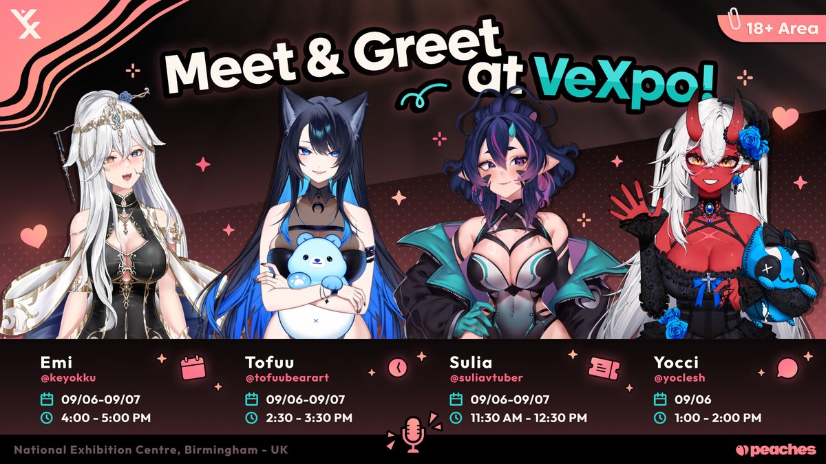 Peaches ๐ (@peaches_fans) on Twitter photo The full M&G guest planning !
<a href="/keyokku/">emi ใจใ๐๏ธ๐ซ</a> <a href="/Tofuubearart/">Tofuubear</a> <a href="/SuliaVtuber/">Sulia ๐บ VARTIST โถ VeXpo</a> and <a href="/yoclesh/">yocci ใใก๐น</a> will be on Peaches booth at #VeXpo2025 18+ area!
Come say hi!๐ The full M&G guest planning !
<a href="/keyokku/">emi ใจใ๐๏ธ๐ซ</a> <a href="/Tofuubearart/">Tofuubear</a> <a href="/SuliaVtuber/">Sulia ๐บ VARTIST โถ VeXpo</a> and <a href="/yoclesh/">yocci ใใก๐น</a> will be on Peaches booth at #VeXpo2025 18+ area!
Come say hi!๐