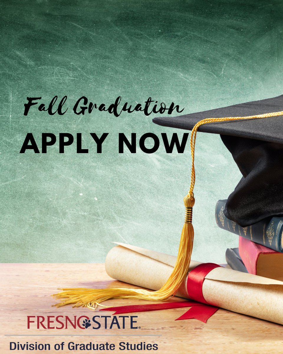 Are you a Fresno State grad student who is finishing up all coursework and planning to graduate at the end of the fall 2025 semester? If so, please make sure to apply to graduate! Deadline: Friday, September 5, 2025.  More info: academics.fresnostate.edu/drgs/gradstudi…