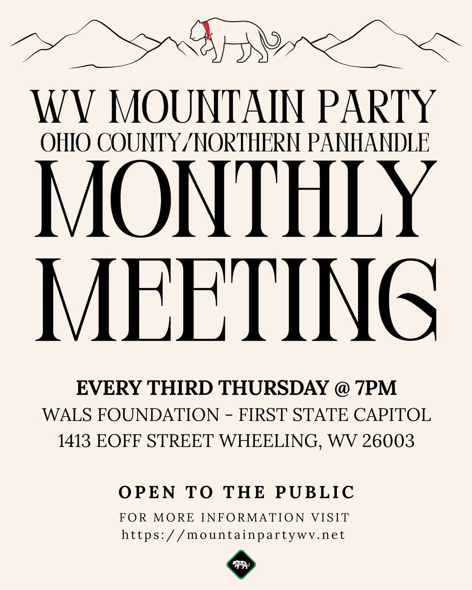 Join us tomorrow for our first monthly meeting for Ohio County / northern panhandle residents! Progressives from Hancock, Brooke, Ohio, Marshall, and Wetzel counties interested in breaking out of the capitalist two-party system are encouraged to attend!

First State Capitol, 7PM!