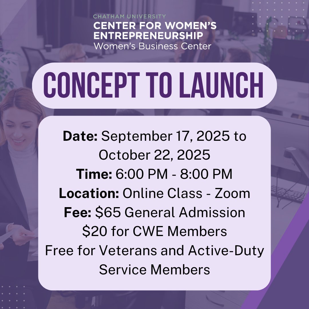 Are you in the early stages of starting a business? Join CWE's Concept to Launch, led by entrepreneur Lillian Rafson, CEO of Pack Up + Go, a 6-week online training program designed to assist you build a strong foundation for your business. Register here : chatham.edu/cwe/events/det…