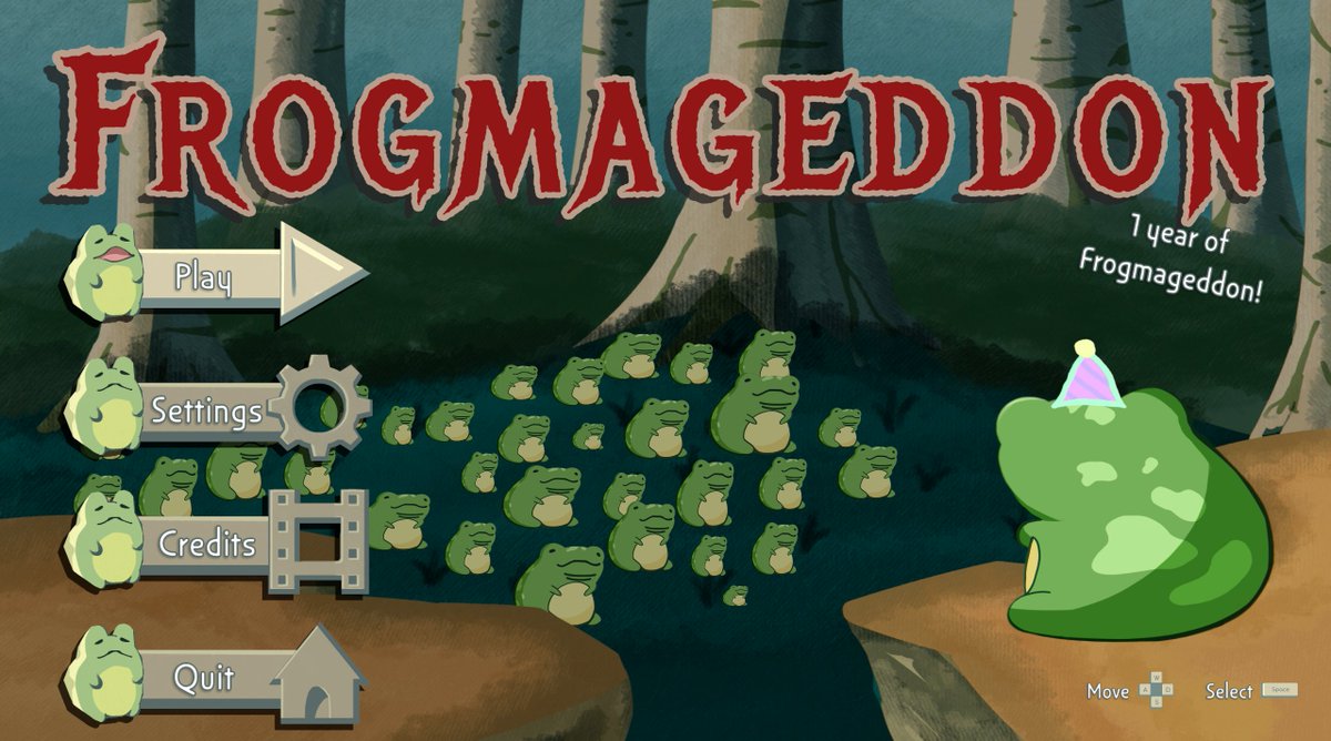 Frogmageddon (the original game jam game) turns 1 years old today! If you're a beta tester, you get to see a little surprise on the title screen. For others, go play the original jam version on itch! #frog #indiegame  austinszema.itch.io/frogmageddon