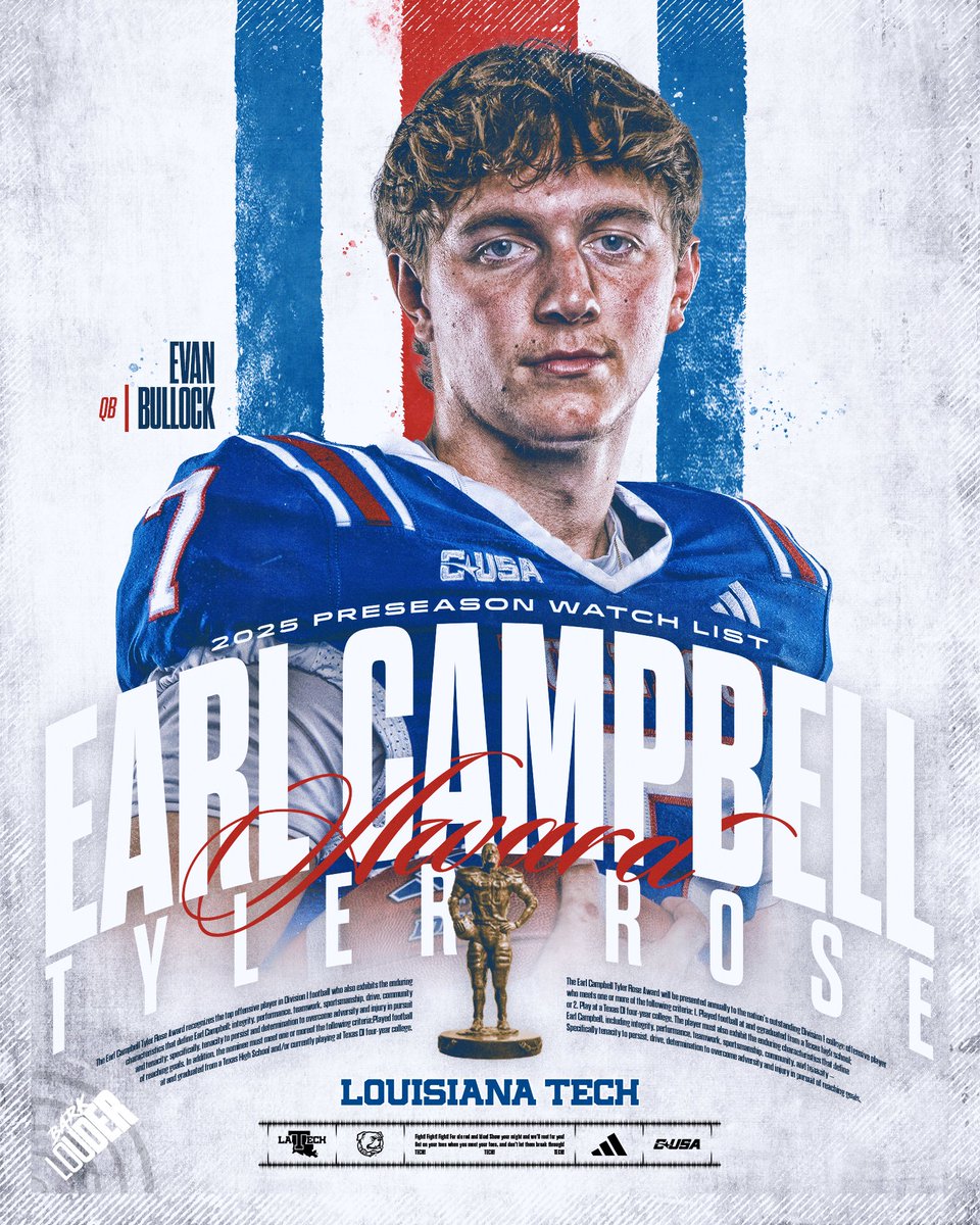 LA Tech Football 🏈 (@latechfb) on Twitter photo All eyes on Evan 👀
<a href="/evanbullock8_/">Evan Bullock</a> has been named to the Earl Campbell Tyler Rose Award Preseason Watch List
📰 bit.ly/3Jo2LL2 All eyes on Evan 👀
<a href="/evanbullock8_/">Evan Bullock</a> has been named to the Earl Campbell Tyler Rose Award Preseason Watch List
📰 bit.ly/3Jo2LL2