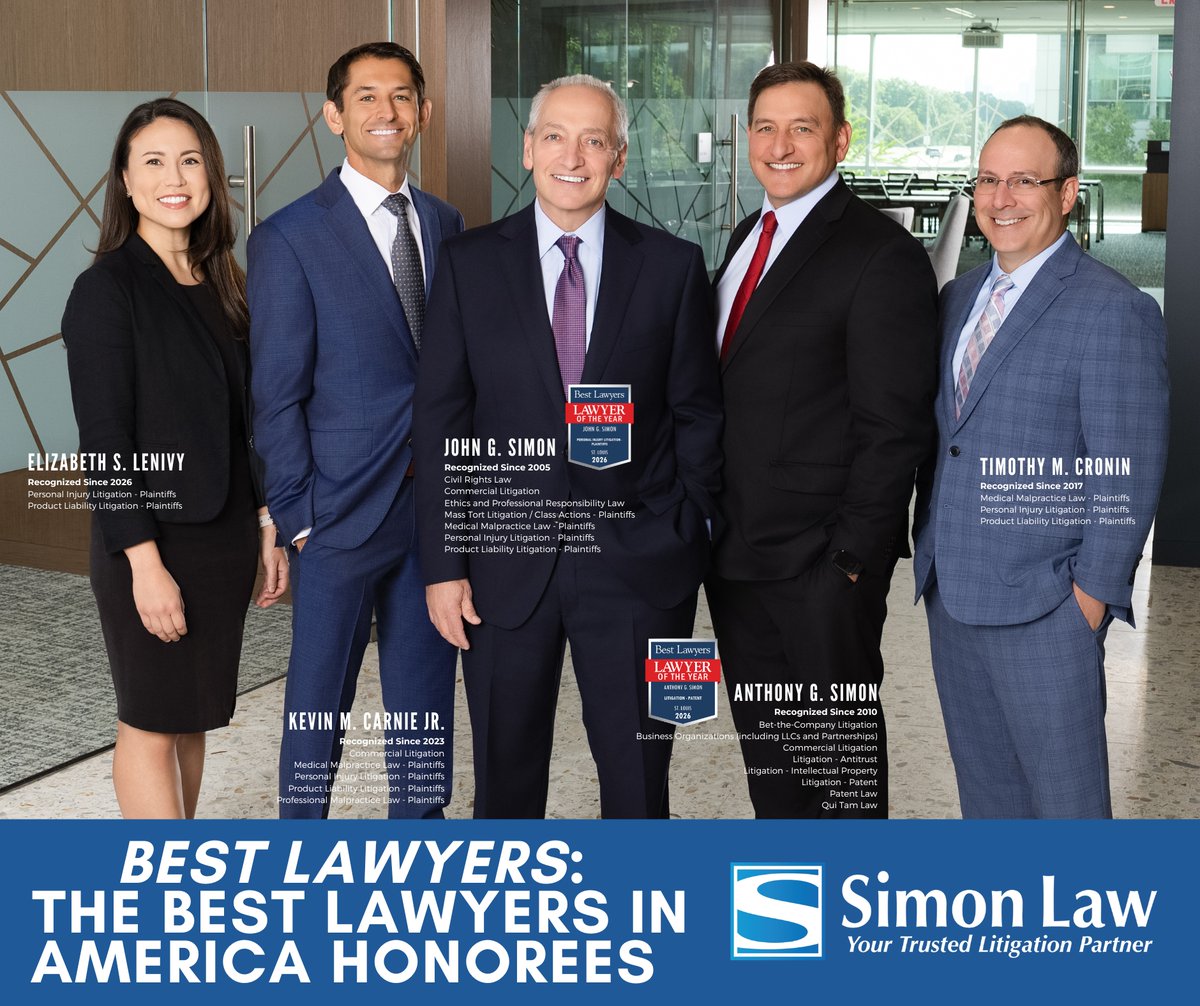 Simon Law salutes our Best Lawyers Honorees!

John G. Simon was also awarded Lawyer of the Year for Personal Injury Litigation - Plaintiffs.

Tony Simon was awarded Lawyer of the Year for Litigation - Patent.