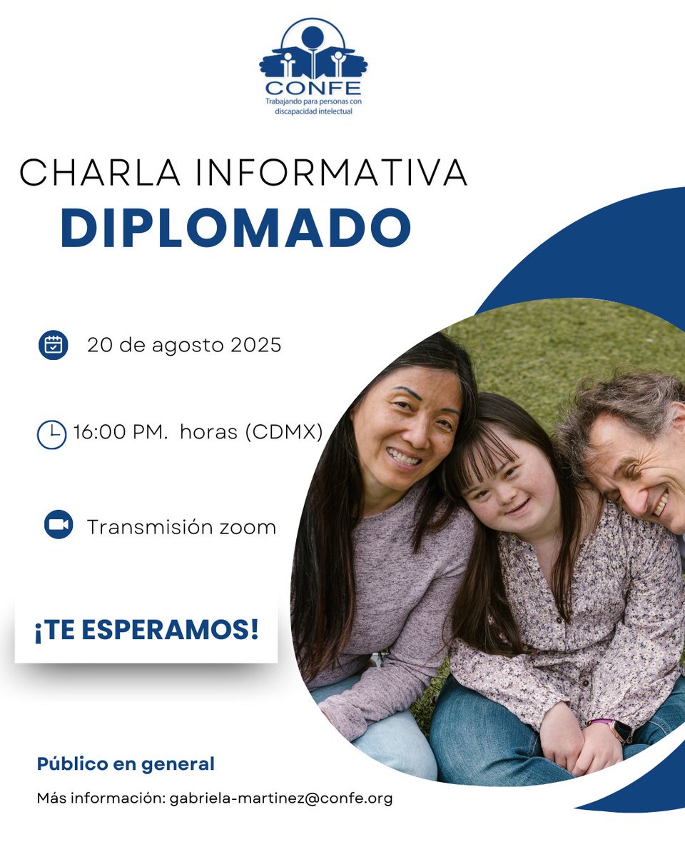 CONFE te invita a la SEGUNDA CHARLA INFORMATIVA sobre el Diplomado en Discapacidad Intelectual y Estrategias de Intervención: de la Infancia a la Vejez.
 20 de agosto de 2025
 16:00 pm.
 Vía zoom 
us02web.zoom.us/.../reg.../WN_…
¡¡No faltes!!