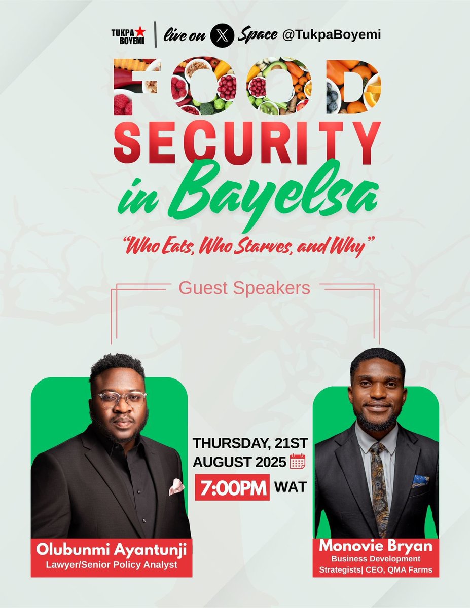 🌾 Food Security is more than farming—it’s about survival.
On Aug 21st, 7PM WAT, we’re gathering voices to ask: Who eats, who starves, and why?
Live on X Space 👉 <a href="/TukpaBoyemi/">Tukpa Boyemi</a>

x.com/i/spaces/1mnGe…

#FoodSecurity #Bayelsa #Yenagoa #Ijaw #Izon