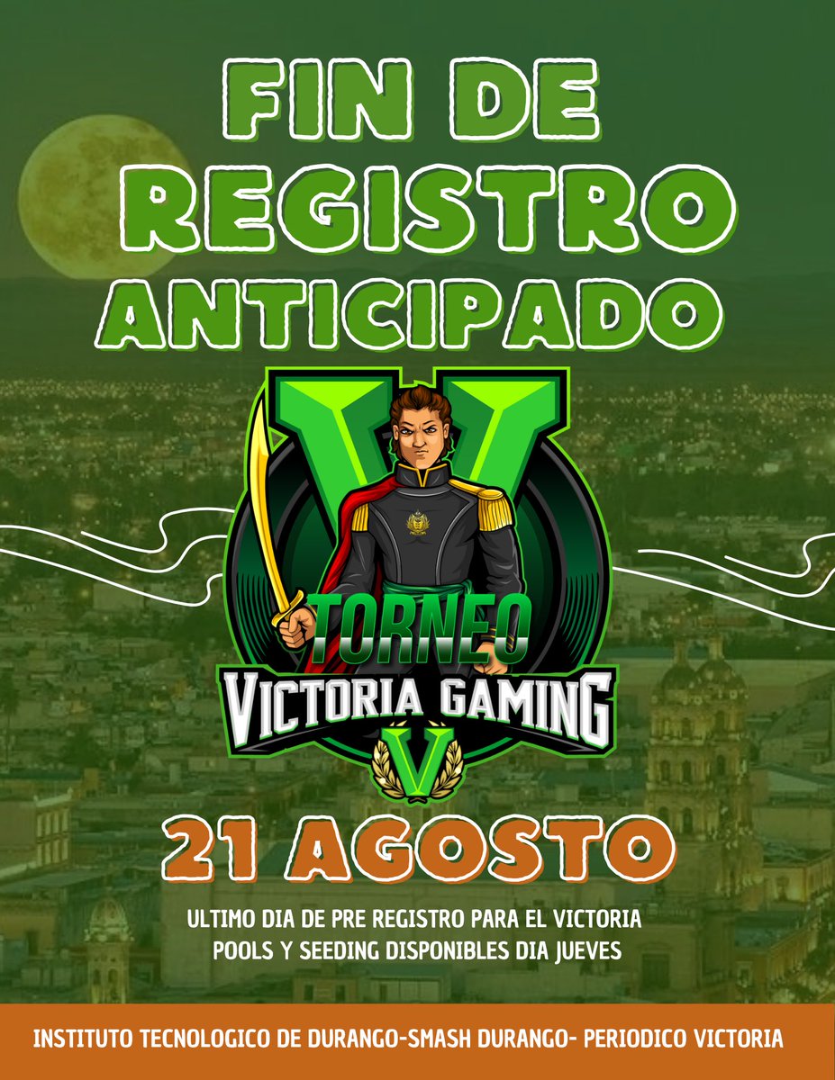 Último dia de registro anticipado💚

Pools &amp; seeding disponible el día de mañana…

Nos vemos el 23-24 de agosto para el torneo más importante en Durango 💚🤝

Este fin de semana es el Victoria Gaming 💚

Después de 1 año volvemos con la segunda edición

start.gg/tournament/vic…