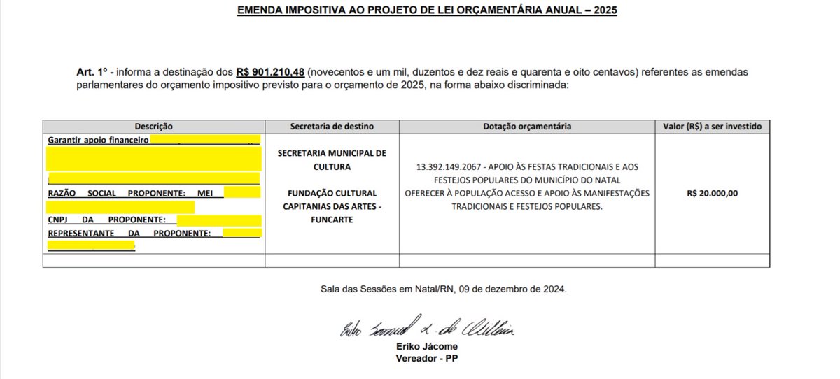 TAMBÉM SERÁ INVESTIGADO?

💣💣ERIKO JÁCOME, PRES DA CÂMARA, DESTINOU 20 MIL PRA UMA MEI
A ação contraria a correta aplicação de recursos em que a verba deve ser destinada para secretaria ou entidade sem fins lucrativos, como ocorre no governo federal. Ele enviou pra uma empresa