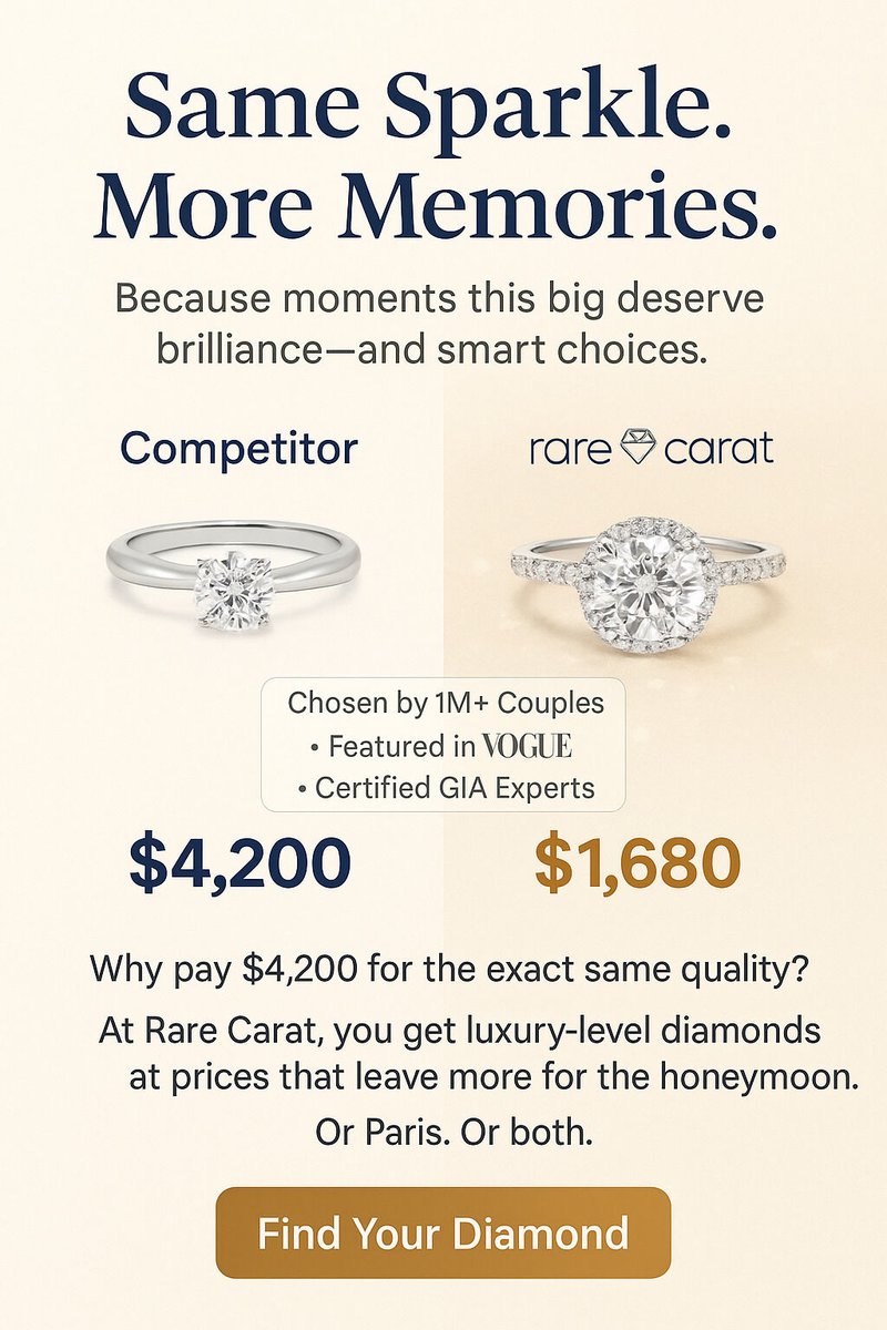 Sarah ๐ฆ (@sarahlevinger) on Twitter photo Saw this <a href="/rarecarat/">Ajay Anand | Rare Carat</a> ad last week, casually nailing price anchoring, visual contrast, humor, the whole thing!
I found just a few things that were missing:
1. Added prestige cues (โChosen by 1M+ couplesโ).
2. Upgraded visuals to feel more premium.
3. Reframed savings as gaining Saw this <a href="/rarecarat/">Ajay Anand | Rare Carat</a> ad last week, casually nailing price anchoring, visual contrast, humor, the whole thing!
I found just a few things that were missing:
1. Added prestige cues (โChosen by 1M+ couplesโ).
2. Upgraded visuals to feel more premium.
3. Reframed savings as gaining