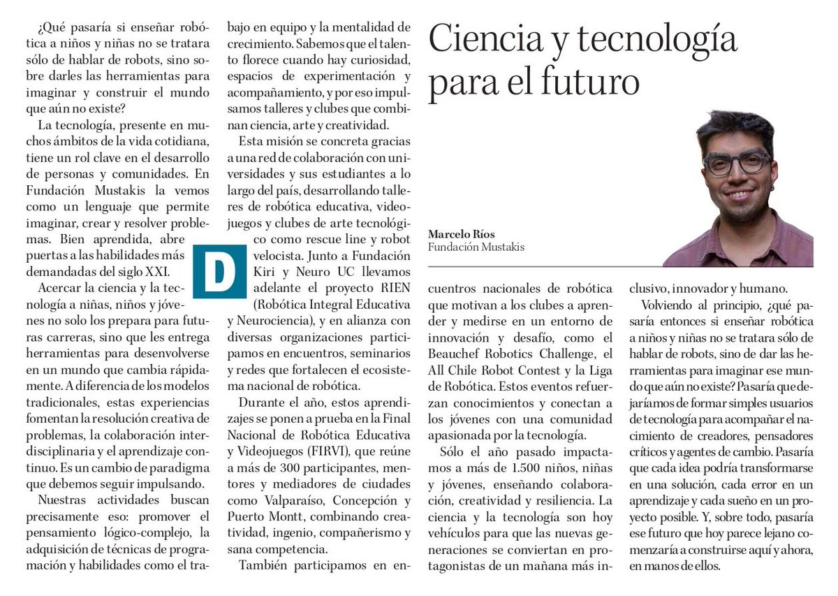 «Sólo el año pasado impactamos a más de 1.500 niños, niñas y jóvenes, enseñando colaboración, creatividad y resiliencia», sostuvo Marcelo Ríos Pichún, jefe de nuestro programa de Ciencia y Tecnología, en esta columna publicada en la presente edición de Diario Concepción.