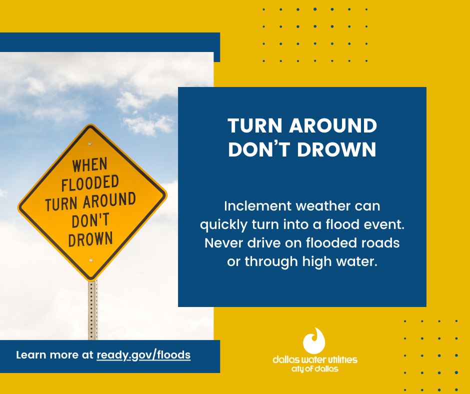Trinity River Corridor (@mytrinityriver) on Twitter photo During inclement weather, avoid driving in high water and on flooded roads. Turn Around, Don't Drown. Visit dallascitynews.net/residents-are-… for more information.
<a href="/311Dallas/">311 Dallas</a> <a href="/CityOfDallas/">City of Dallas</a> During inclement weather, avoid driving in high water and on flooded roads. Turn Around, Don't Drown. Visit dallascitynews.net/residents-are-… for more information.
<a href="/311Dallas/">311 Dallas</a> <a href="/CityOfDallas/">City of Dallas</a>