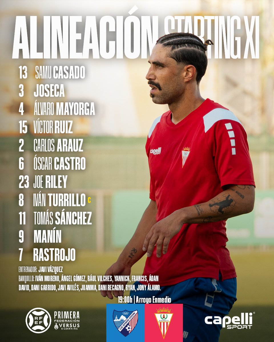 📋 𝐎𝐍𝐂𝐄 | Ya tenemos alineación para el partido de las siete frente al <a href="/CDEstepona/">C.D. Estepona</a>.

1⃣3⃣ Samu Casado
3⃣ Joseca
4⃣ Mayorga
1⃣5⃣ Víctor Ruiz
2⃣ Arauz
6⃣ Óscar Castro
2⃣3⃣ Riley
8⃣ Iván Turrillo
1⃣1⃣ Tomás
9⃣ Manín
7⃣ Rastrojo

#EsteponaAlgeciras.