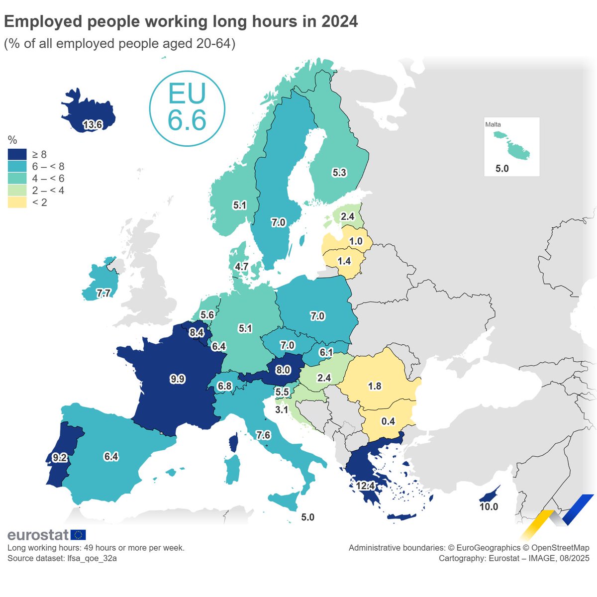 In 2024, 6.6% of employed people aged 20 to 64 in the EU worked long hours, defined as usually spending 49 hours or more weekly in their main job. 💼👷

Highest shares in:
🇬🇷Greece (12.4%)
🇨🇾Cyprus (10.0%) 

Lowest in:
🇧🇬Bulgaria (0.4%)
🇱🇻Latvia (1.0%) 

👉europa.eu/!kJg8CW