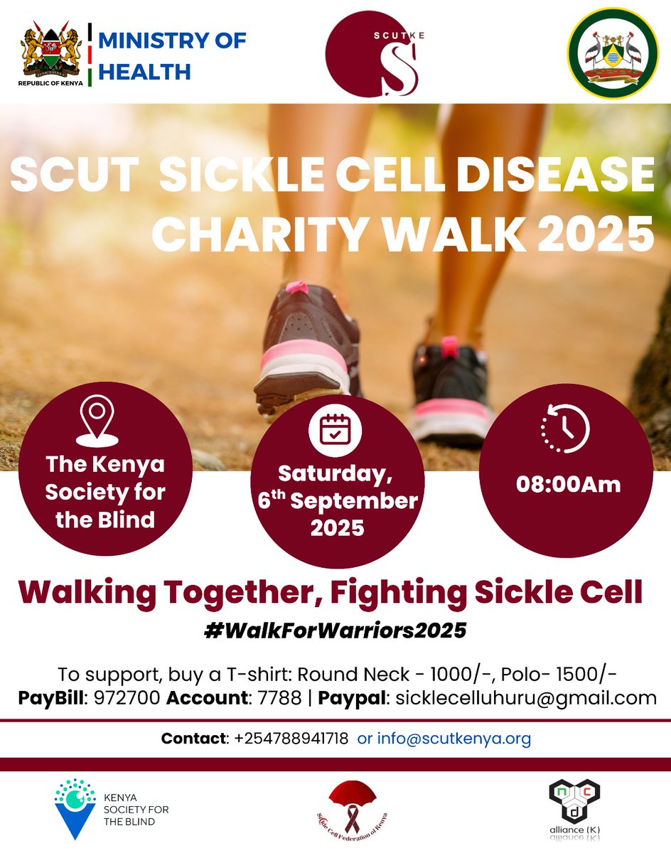SCUTKENYA (@scutkenya) on Twitter photo Hello Family and Friends! โค๏ธ๐
Join us for the Sickle Cell Uhuru Trust (SCUT) Sickle Cell Disease (SCD) Charity Walk as we walk together to raise awareness and support for our Sickle Cell Warriors! ๐ช๐พ๐ Hello Family and Friends! โค๏ธ๐
Join us for the Sickle Cell Uhuru Trust (SCUT) Sickle Cell Disease (SCD) Charity Walk as we walk together to raise awareness and support for our Sickle Cell Warriors! ๐ช๐พ๐