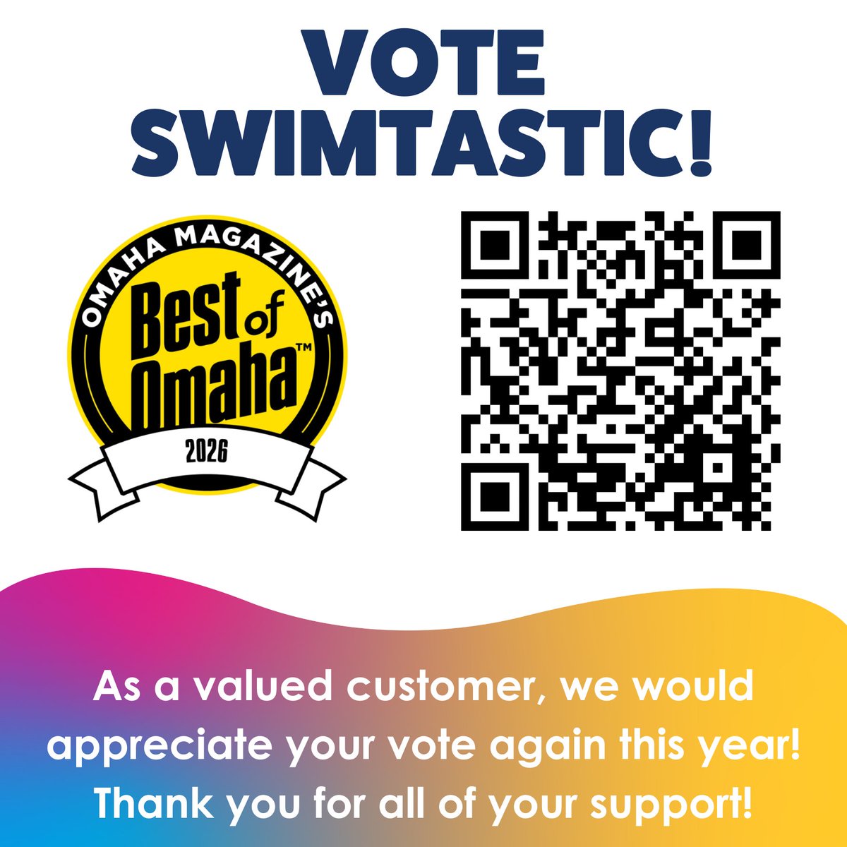 SWOSwimtastic's tweet image. 📣Last chance to vote!! Help us win Best of Omaha again this year!! We appreciate you and wouldn&apos;t be here without our wonderful families!💙