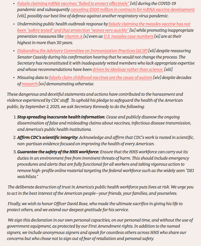 ❗ Un millier d'employés actuels et anciens du ministère américain de la Santé implorent RFK Jr de "cesser de diffuser de fausses informations" sur les vaccins : inefficaces contre le Covid, provoquent de l'autisme, etc.

Autant "de déclarations et d'actions dangereuses et