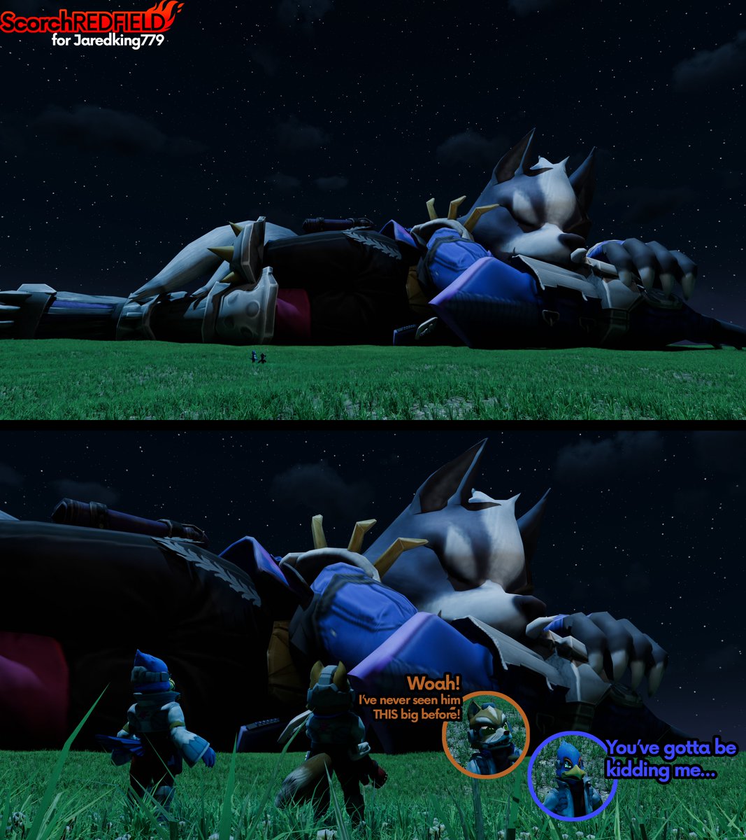 A massive Wolf sleeps peacefully in an open field, unaware of the micro Fox and Falco looking up at him in amazement and shock respectively.
Made for Jaredking779.

#macrofurry #sfwgt #sizetwt #b3d