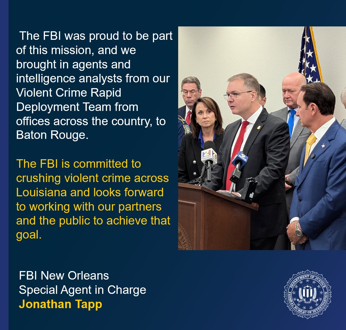 Results of the FBI's Operation Summer Heat are announced in Baton Rouge. More than 100 arrests and dangerous drugs and weapons off the streets. 

The FBI worked side by side with *local*, *state* and *federal* law enforcement partners - and state and federal prosecutors - to