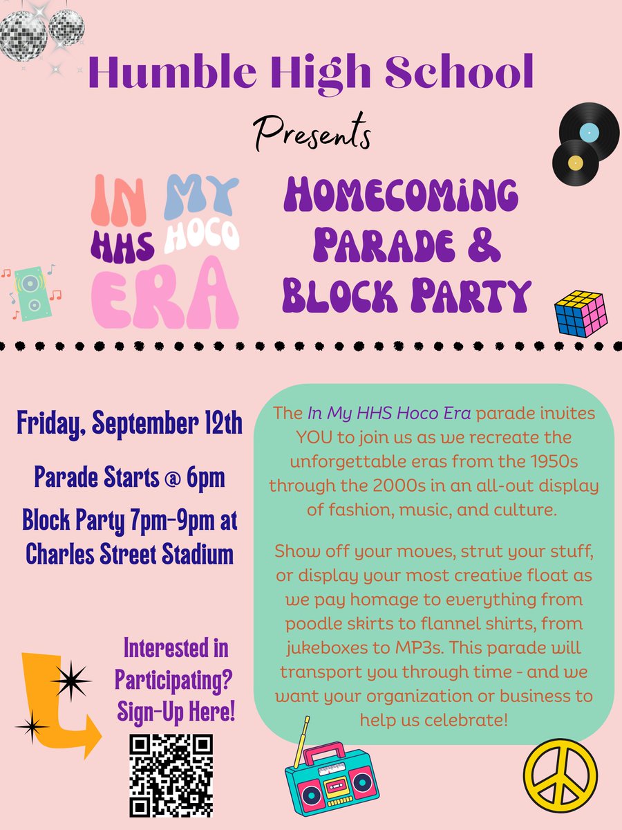 Humble High Student Council (@humblehighstuco) on Twitter photo The HHS Homecoming Parade is Friday, Sept 12th! 
If your business or organization is interested in participating, please scan the QR Code on the flyer and register by Friday, Aug 29th!
#WeAreHumble
<a href="/HumbleISD_HHS/">Humble High School</a> <a href="/HumbleISD/">Humble ISD</a> The HHS Homecoming Parade is Friday, Sept 12th! 
If your business or organization is interested in participating, please scan the QR Code on the flyer and register by Friday, Aug 29th!
#WeAreHumble
<a href="/HumbleISD_HHS/">Humble High School</a> <a href="/HumbleISD/">Humble ISD</a>