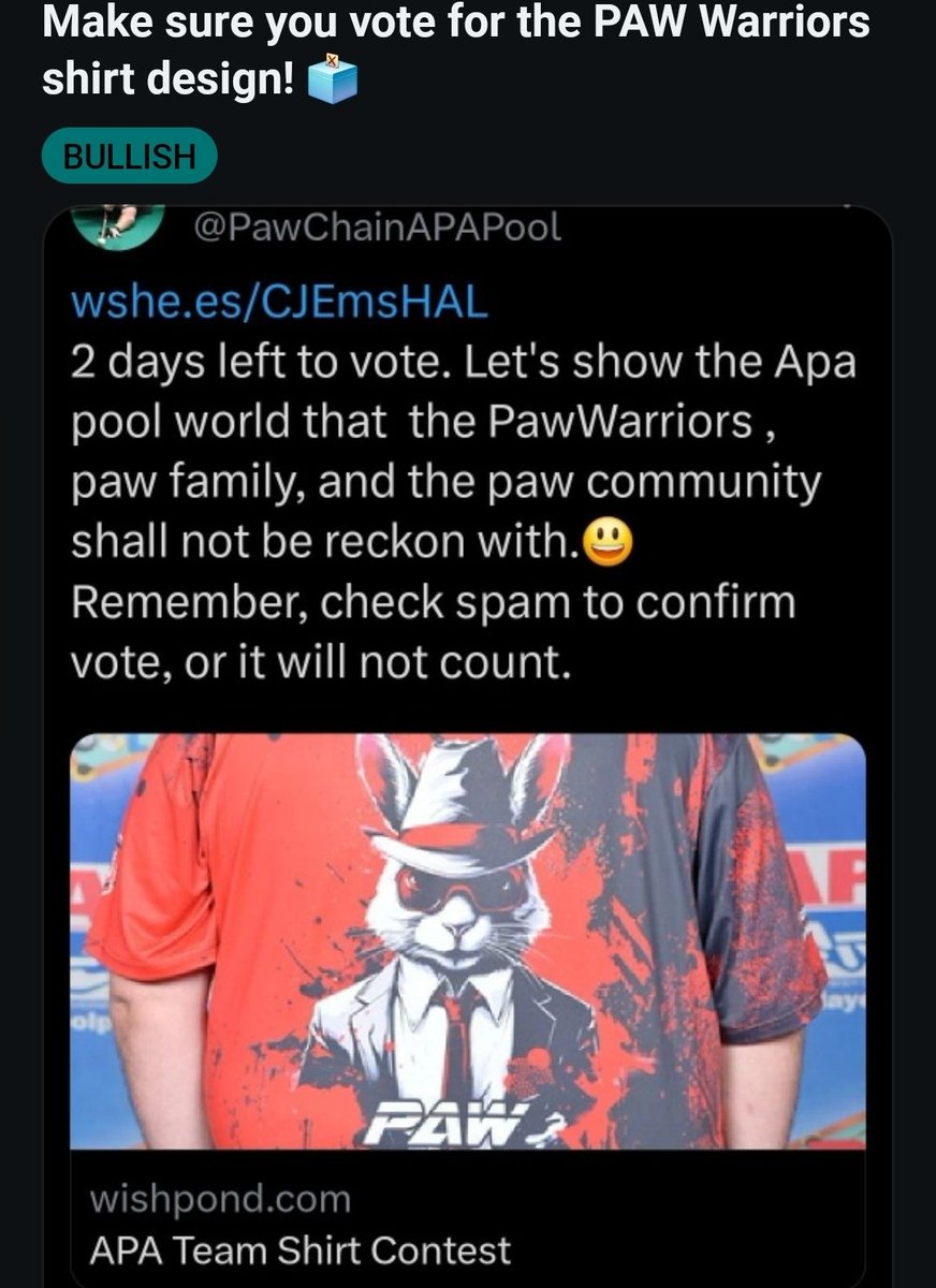 Sir Shills-a-Lot (@theshilllife) on Twitter photo <a href="/PawChainAPAPool/">Bill🐾Paw_Smackdown</a> I voted and shared it on our Discord, Telegram and Reddit! LFG $PAW Warriors! ✨💪🥳✨ <a href="/PawChainAPAPool/">Bill🐾Paw_Smackdown</a> I voted and shared it on our Discord, Telegram and Reddit! LFG $PAW Warriors! ✨💪🥳✨