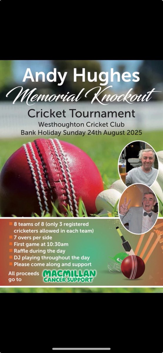 Westhoughton_CC's tweet photo. 🚨Charity Match🚨

This Sunday we host our annual charity match, raising funds for @macmillancancer in memory of former member Andy Hughes 

👇 https://t.co/hsRUnt8qtq