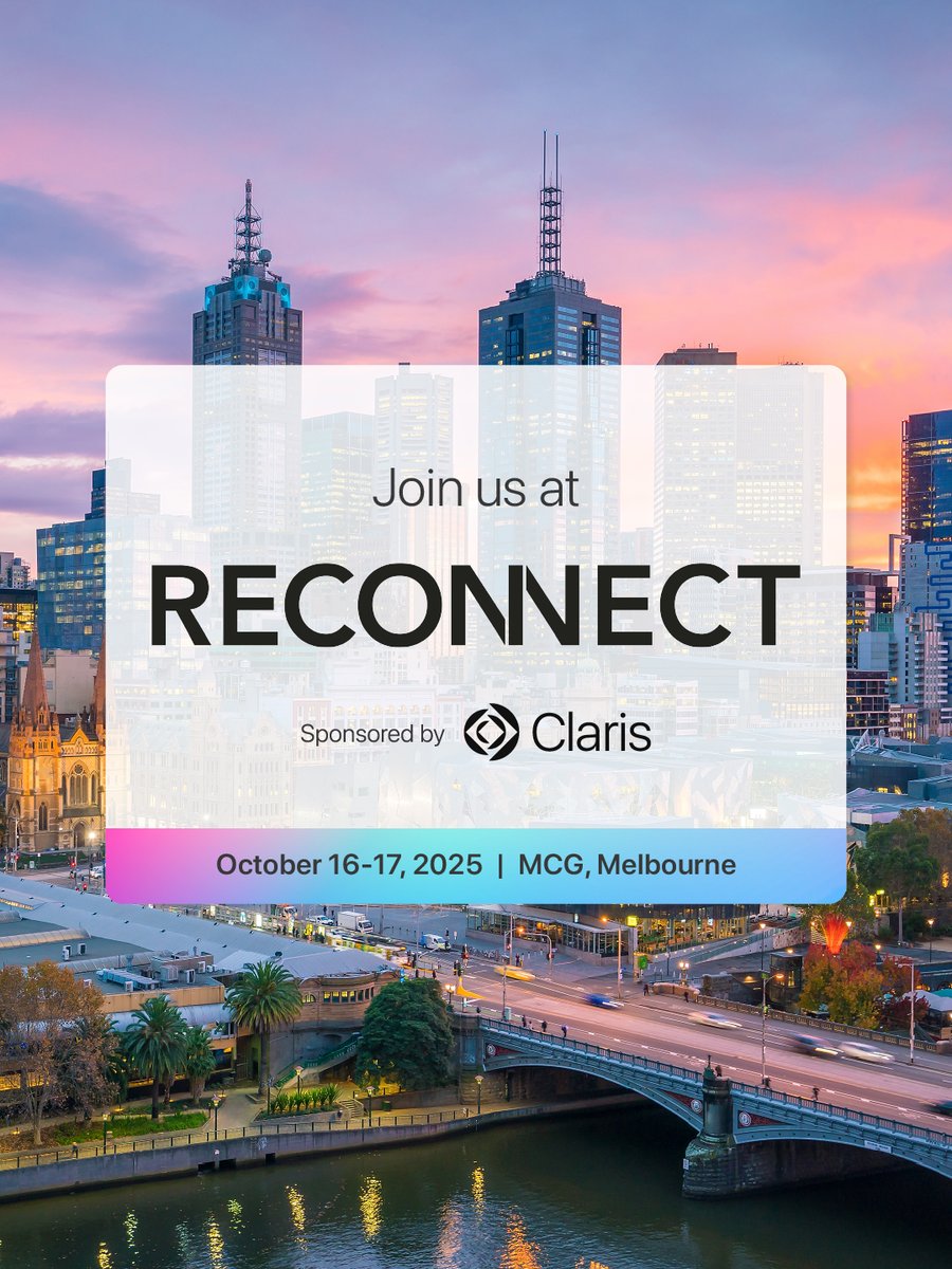 ClarisOfficial's tweet image. Melbourne awaits. Reconnect with the Claris FileMaker community in APAC! 🇦🇺

Join us at the premier in-person FileMaker event in the Asia Pacific region on October 16-17.

Don’t miss the only APAC FileMaker event of 2025. reconnect.fm