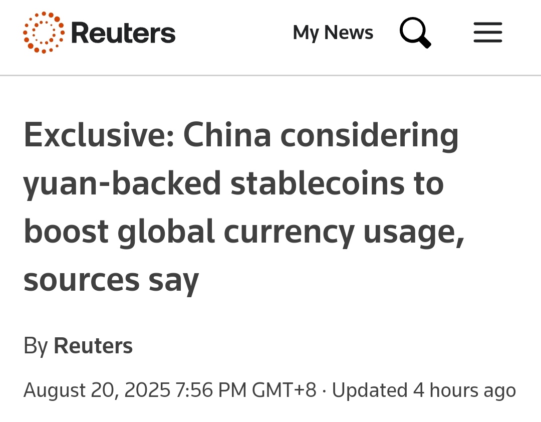 看了下路透社今天的“中国要搞稳定币”全文，可以总结成5点： 消息人士：中国国务院将于八月晚些时候批准新的人民币国际化计划，包括追赶美国在稳定币方面的努力；  消息人士：中国高层领导预计最早将于八月晚些时候举行一次学习会议，重点关注人民币国际化和稳定币。在这次 ...